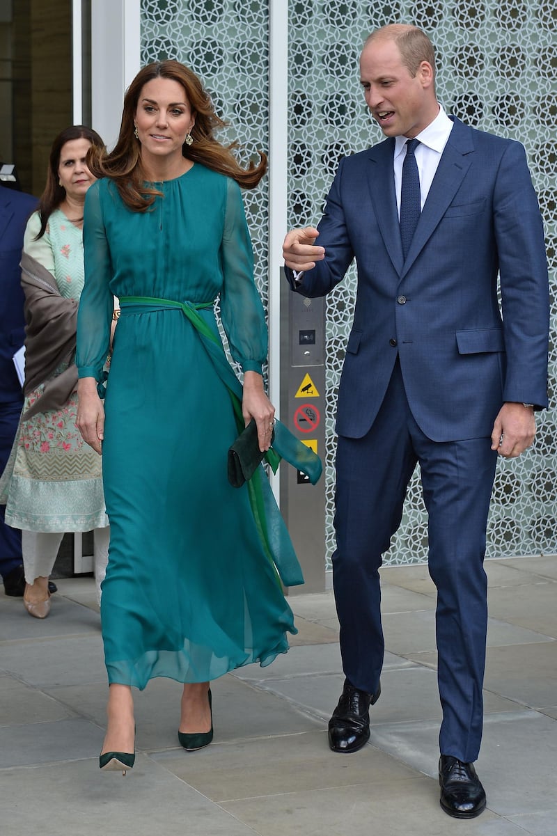 For the visit, the Duchess of Cambridge wore a green and emerald  Aross Girl x Soler London dress, thought to be a sartorial nod to the colour of Islam and the national colour of Pakistan. AFP