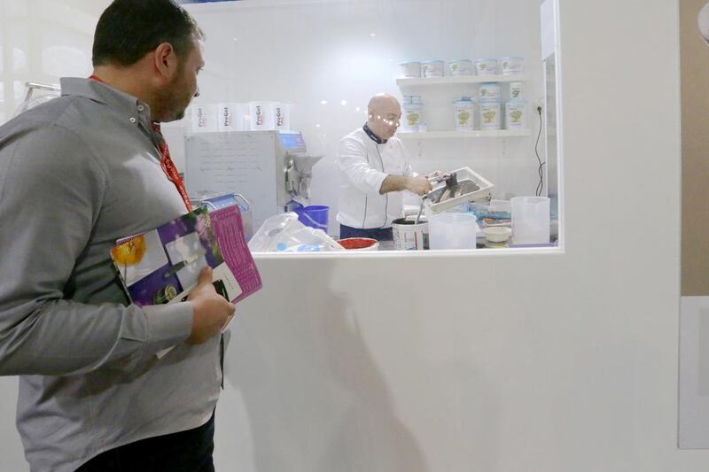 A chef makes ice cream at the Pino Pinguino showroom at the Gulfood exhibition. Jaime Puebla / The National
