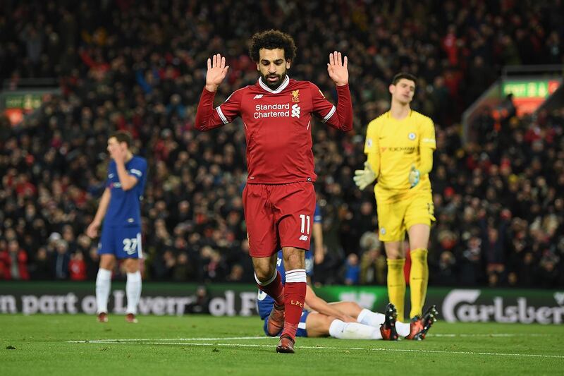 LIVERPOOL, ENGLAND - NOVEMBER 25:  Mohamed Salah of Liverpool celebrates scoring his sides first goal during the Premier League match between Liverpool and Chelsea at Anfield on November 25, 2017 in Liverpool, England.  (Photo by Shaun Botterill/Getty Images)