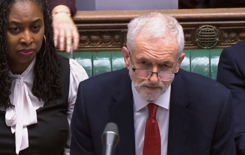In this grab taken from video, Britain's Labour leader Jeremy Corbyn speaks during Prime Minister's Questions in the House of Commons, London, Wednesday, Jan. 9, 2019.  The British government brought its little-loved Brexit deal back to Parliament on Wednesday, a month after postponing a vote on the agreement to stave off near-certain defeat. (House of Commons/PA via AP)