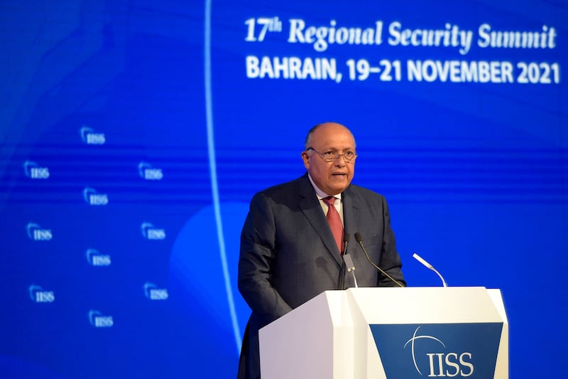 Egypt's Foreign Minister Sameh Shoukry addresses the conference.
