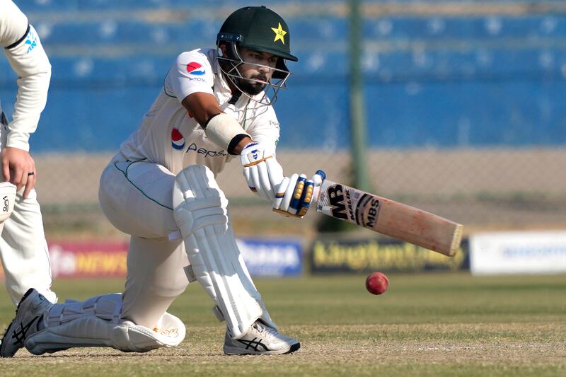 Pakistan's Saud Shakeel plays a shot during the fourth day of the second test cricket match between Pakistan and New Zealand, in Karachi, Pakistan, Thursday, Jan.  5, 2023.  (AP Photo / Fareed Khan)