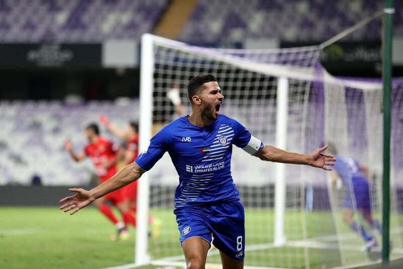 Al Nasr's Mehdi Abeid scores in the game between Shabab Al Ahli and Al Nasr in the PresidentÕs Cup final in Al Ain on May 16th, 2021. Chris Whiteoak / The National. 
Reporter: John McAuley for Sport