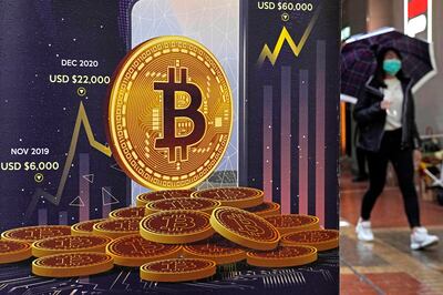 An advertisement for Bitcoin cryptocurrency is displayed on a street in Hong Kong in February 2022. AP Photo