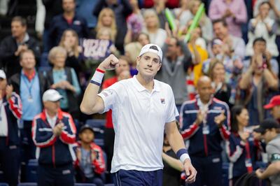 epa06651335 John Isner of the USA celebrates his victory over Joris De Loore of Belgium after the first match at the Davis Cup World Group quarterfinals in Nashville, Tennessee, USA, 06 April 2018. The quarterfinals between USA and Belgium will be held from 06 to 08 April.  EPA/RICK MUSACCHIO