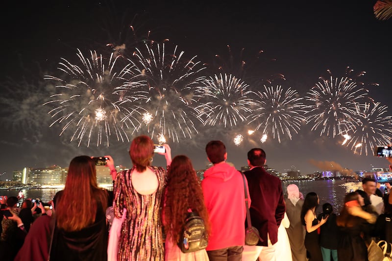 Yas Island hosted two fireworks shows: the traditional one at midnight and an earlier one at 9pm, which allowed families with younger children to see the lights spectacle. Pawan Singh / The National