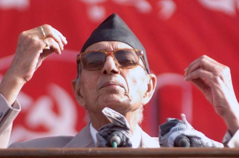 Girija Prasad Koirala adresses a large gathering in Kathmandu to protest at the sacking of the elected government by the Nepalese king in 2003.