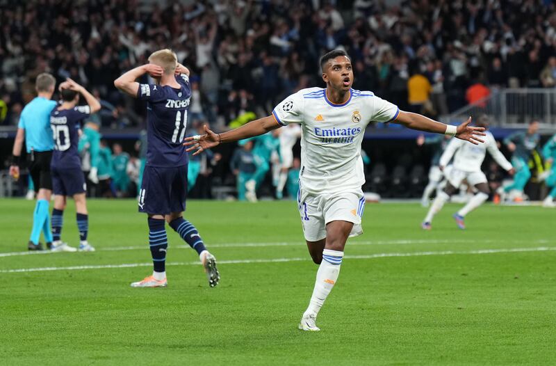Rodrygo after scoring Real's second and levelling the aggregate score at 5-5. Getty