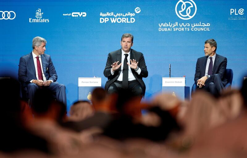 epa07257905 Ferran Soriano (C), CEO of the Premier League's Manchester City F.C. speaks during the first day of the 13th edition of Dubai International Sports Conference in the Gulf emirate of Dubai, United Arab Emirates, 02 January 2019.  EPA/ALI HAIDER