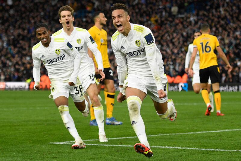 Rodrigo celebrates after scoring the equalising goal for Leeds against Wolves at Elland Road. AFP