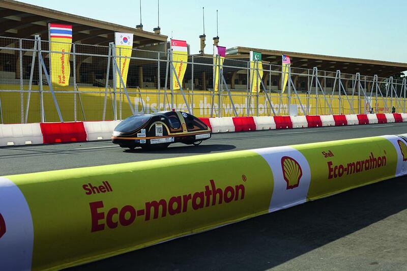 A diesel-powered vehicle from the Higher Colleges of Technology Ruwais competing at the Shell Eco-marathon. Jake Verzosa / AP Images for Shell