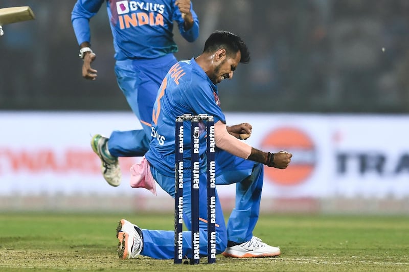 India's Yuzvendra Chahal celebrates after dismissing Bangladesh's Naim Sheikh during the first T20 international cricket match of a three-match series between Bangladesh and India, at Arun Jaitley Cricket Stadium in New Delhi on November 3, 2019. ----IMAGE RESTRICTED TO EDITORIAL USE - STRICTLY NO COMMERCIAL USE-----
 / AFP / Jewel SAMAD / ----IMAGE RESTRICTED TO EDITORIAL USE - STRICTLY NO COMMERCIAL USE-----
