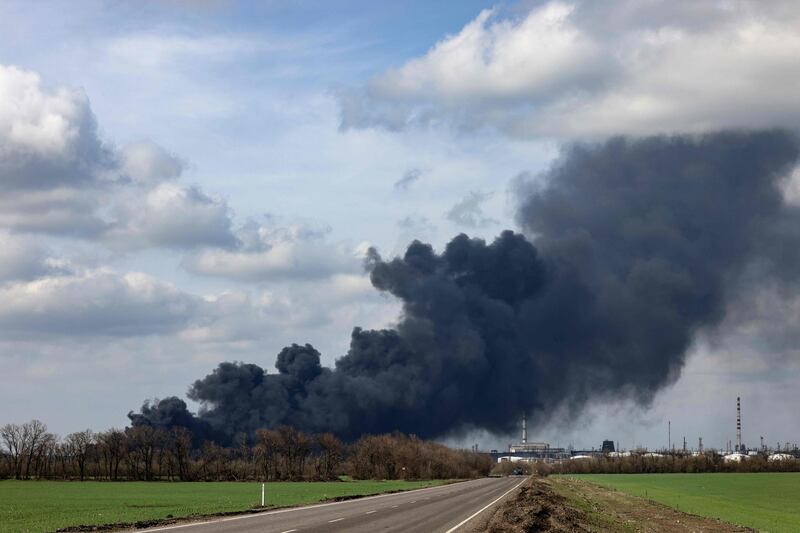 Smoke raises from an oil refinery in Lysychansk about 120km north of Donetsk. AFP