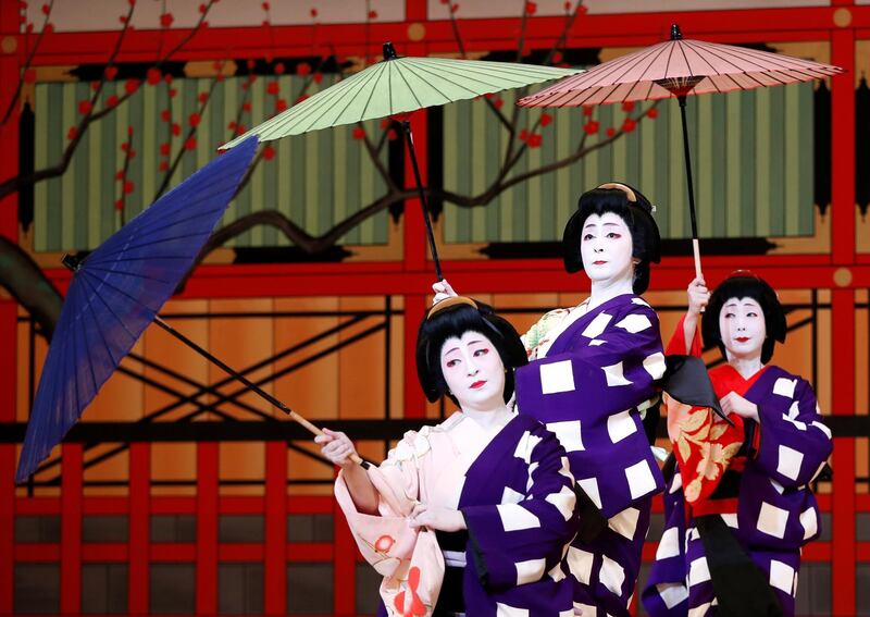 Geishas, traditional Japanese female entertainers, perform during a press preview of the annual Azuma Odori Dance Festival at the Shinbashi Enbujo Theatre in Tokyo. Issei Kato / Reuters