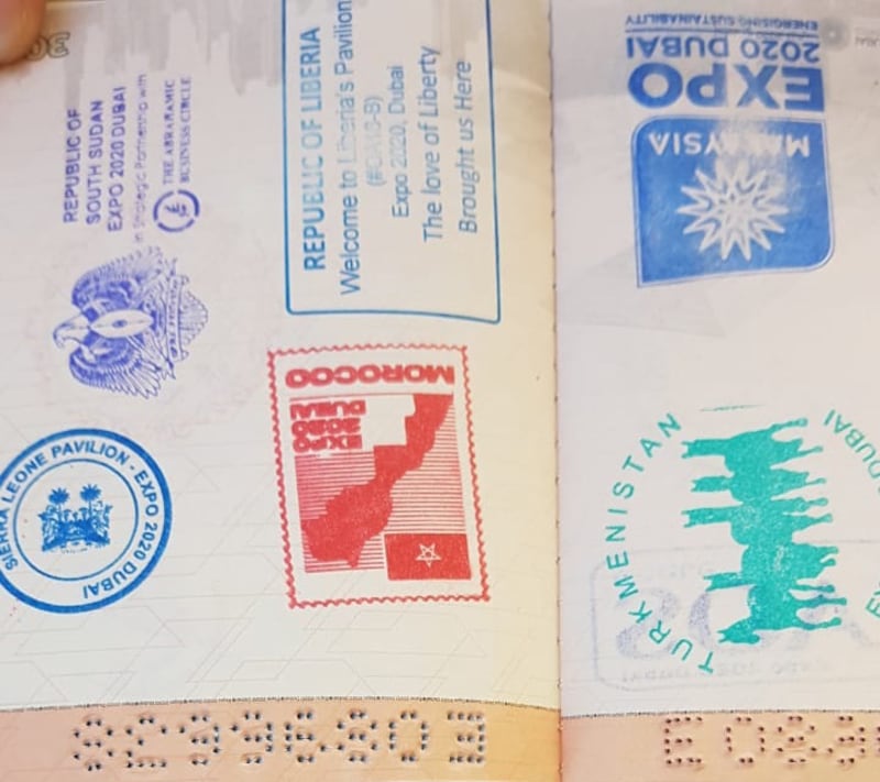 Other pavilion stamps in his passport include those from Morocco, Turkmenistan and Sierra Leone.