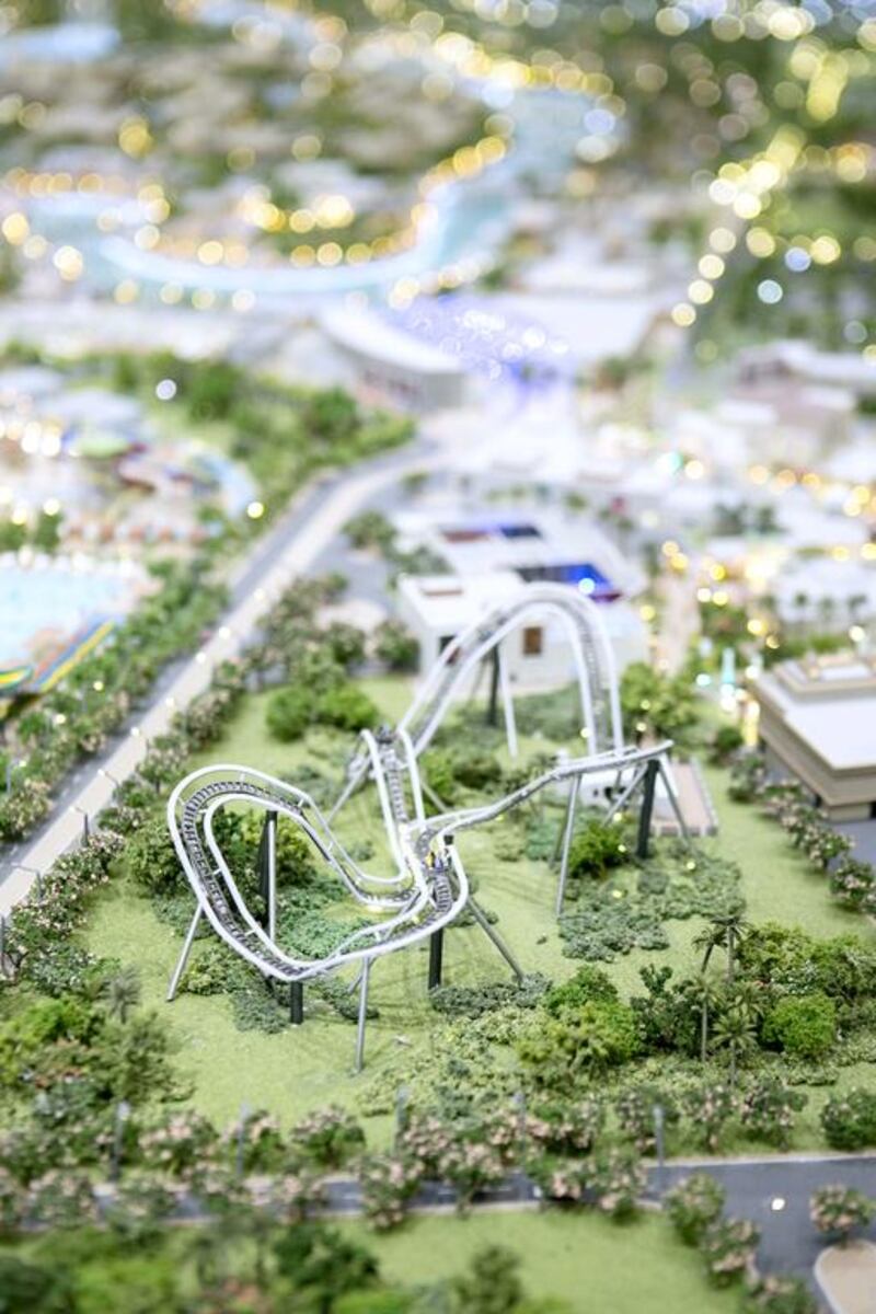 Above, a scale model of one of the development’s roller coasters. Reem Mohammed / The National