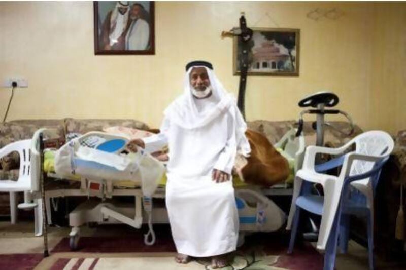 Shaiban Al Habus, 80, in his family majlis. He says Sheikh Mohammed bin Zayed is fulfilling his father's wishes in the Northern Emirates. Razan Alzayani / The National