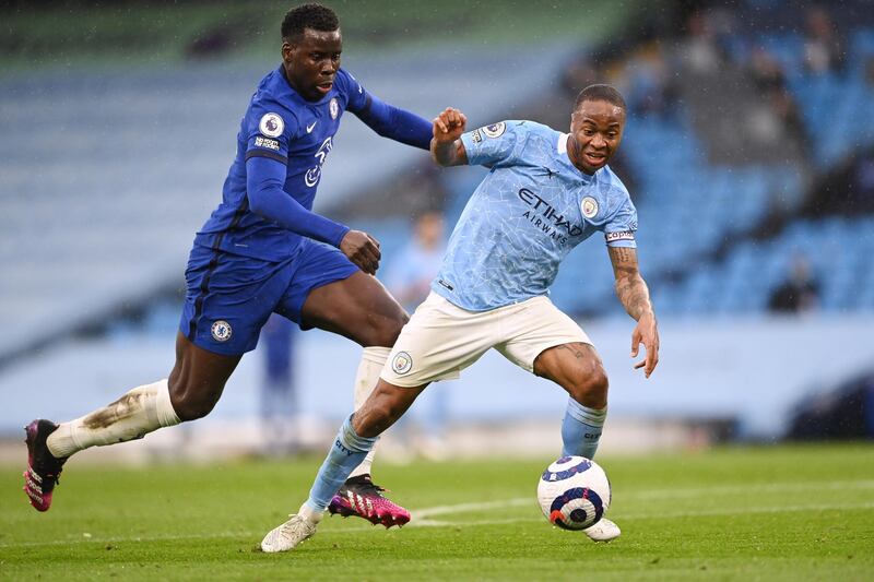 Manchester City's Raheem Sterling in action with Chelsea's Kurt Zouma. Reuters