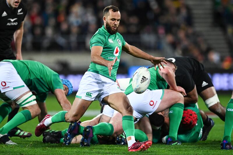 Ireland's Jamison Gibson-Park kicks the ball during the third rugby international against the All Blacks. AP