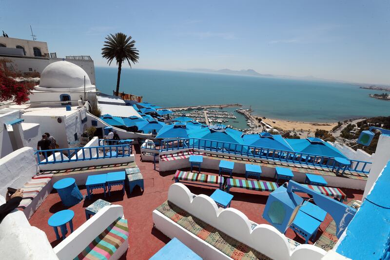 A general view of the 'Cafe des Delices' in the village of Sidi Bou Said during the Muslim holy month of Ramadan in Tunis, Tunisia, 10 April 2023.  Muslims around the world celebrate the holy month of Ramadan by praying during the night time and abstaining from eating, drinking, and sexual acts during the period between sunrise and sunset.  Ramadan is the ninth month in the Islamic calendar and it is believed that the revelation of the first verse in the Koran was during its last 10 nights.   EPA / MOHAMED MESSARA