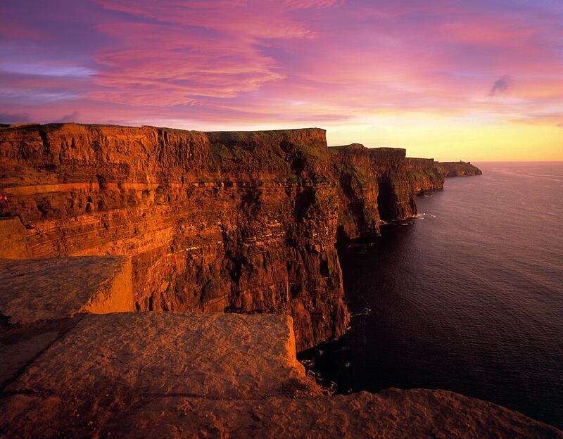 Cliffs of Moher, Ireland’s most visited natural attraction, stretch for 8km and reach 214m (702 feet) at their highest point north of O’Brien’s Tower, where you can enjoy unrivalled views of the Atlantic Ocean. Tourism Ireland