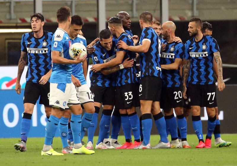 Inter Milan's Danilo D'Ambrosio celebrates with teammates after scoring against Napoli. EPA