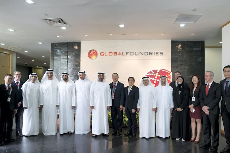 SINGAPORE, SINGAPORE - February 28, 2019: HH Sheikh Mohamed bin Zayed Al Nahyan, Crown Prince of Abu Dhabi and Deputy Supreme Commander of the UAE Armed Forces (9th R), stands for a photograph, during a visit to Mubadala's GLOBALFOUNDRIES semiconductor facility. Seen with HE Noura Mohamed Al Kaabi, UAE Minister of Culture and Knowledge Development (4th R), HE Suhail bin Mohamed Faraj Faris Al Mazrouei, UAE Minister of Energy (5th R), HE Dr Anwar bin Mohamed Gargash, UAE Minister of State for Foreign Affairs (6th R), HE Dr Mohamed Maliki bin Osman, Senior Minister of State, Ministry of Defence & Ministry of Foreign Affairs (7th R), Kay Chai Ang, Senior Vice President and General Manager for GlobalFoundries Asia and Europe Operations (8th R), HE Khaldoon Khalifa Al Mubarak, CEO and Managing Director Mubadala, Chairman of the Abu Dhabi Executive Affairs Authority and Abu Dhabi Executive Council Member (10th R), HE Mohamed Mubarak Al Mazrouei, Undersecretary of the Crown Prince Court of Abu Dhabi (11th R), HE Dr Sultan Ahmed Al Jaber, UAE Minister of State, Chairman of Masdar and CEO of ADNOC Group (12th R) and HE Dr Thani Al Zeyoudi, UAE Minister for Climate Change and Environment (13th R).
( Eissa Al Hammadi for the Ministry of Presidential Affairs )
---
