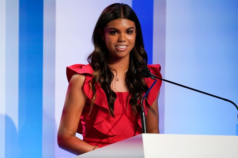 Sam Woods speaks during the World Golf Hall of Fame ceremony for her father Tiger Woods. AP