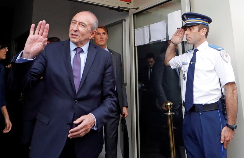 French Interior Minister Gerard Collomb waves as he leaves the municipal police supervision centre as part of the Euro-Mediterranean conference of cities on the prevention of radicalisation and for the fight against terrorism in Nice, France September 29, 2017. REUTERS/Eric Gaillard