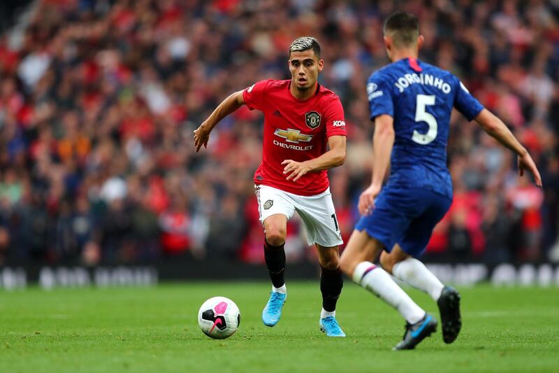 Andreas Pereira battles for possession with Jorginho. Getty