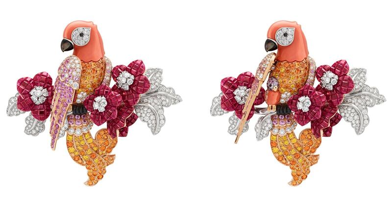 Clip Sous son Aile: the various stones - rubies, pink and yellow sapphires, spessartite garnets, black spinels, coral, onyx, grey mother-of-pearl and diamonds - come together in Van Cleef's Traditional Mystery setting