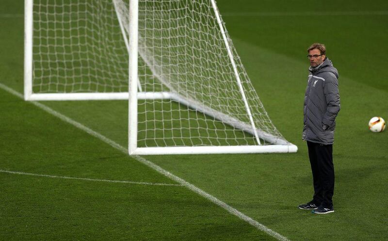 Jurgen Klopp, Manager of Liverpool looks on during a training session ahead of the Uefa Europa League round of 16 second leg match between Manchester United and Liverpool at Old Trafford on March 16, 2016 in Manchester, England. (Photo by Steve Bardens/Getty Images)