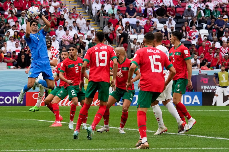 Morocco's goalkeeper Yassine Bounou makes a save. AP