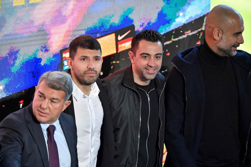 Left to right:  Joan Laporta, Sergio Aguero, current Barca manager Xavi Hernandez and Pep Guardiola. AFP