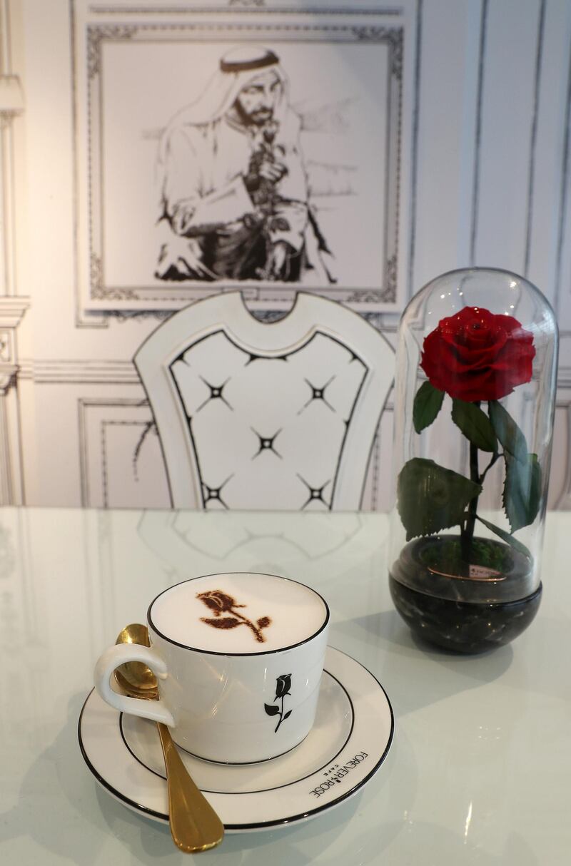 ABU DHABI, UNITED ARAB EMIRATES , Feb 11  – 2020 :-  Cappuccino at the Forever Rose Café at The Galleria on Al Maryah Island in Abu Dhabi. (Pawan  Singh / The National) For Lifestyle. Story by Saeed