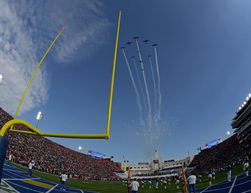A flyover before NFL game between the Arizona Cardinals and the Los Angeles Rams at Los Angeles Memorial Coliseum on Sunday, December 29. The Rams move SoFi Stadium for the 2020 season. USA TODAY Sports