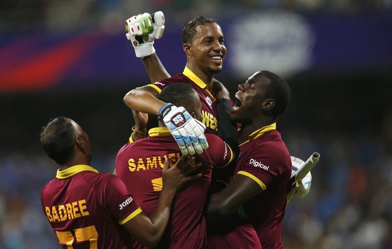  West Indies players celebrate after winning their match.   REUTERS/Danish Siddiqui 