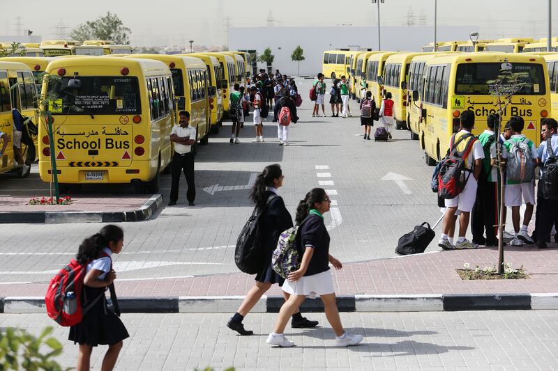 DUBAI, UAE. February 17, 2015 - Stock photograph of students boarding their school buses after school at Gems Modern Academy in Dubai, February 17, 2015. (Photos by: Sarah Dea/The National, Story by: Roberta Pennington, News)
 *** Local Caption ***  SDEA170215-gemsmodernacademy21.JPG