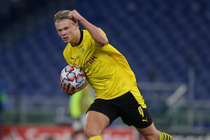 ROME, ITALY - OCTOBER 20:  Erling Braut Haaland of Borussia Dortmund celebrates after scoring the team's first goal during the UEFA Champions League Group F stage match between SS Lazio and Borussia Dortmund at Stadio Olimpico on October 20, 2020 in Rome, Italy.  (Photo by Paolo Bruno/Getty Images)