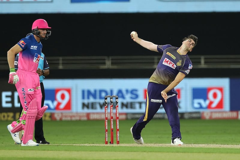 Pat Cummins of Kolkata Knight Riders during match 12 of season 13 of the Dream 11 Indian Premier League (IPL) between the Rajasthan Royals and the Kolkata Knight Riders held at the Dubai International Cricket Stadium, Dubai in the United Arab Emirates on the 30th September 2020.  Photo by: Ron Gaunt  / Sportzpics for BCCI