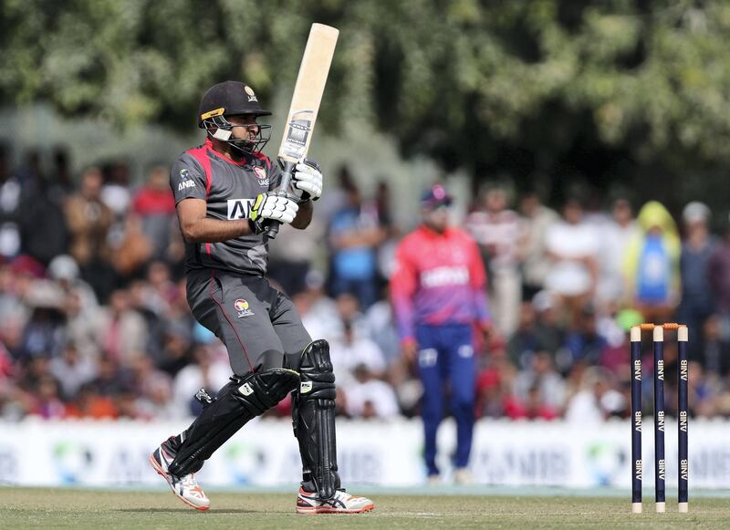 Dubai, United Arab Emirates - January 25, 2019: Ghulam Shabber of the UAE scores more runs in the the match between the UAE and Nepal in a one day internationl. Friday, January 25th, 2019 at ICC, Dubai. Chris Whiteoak/The National