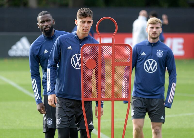 Germany's Kai Havertz, Antonio Rudiger and Timo Werner. Reuters