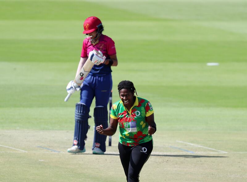 Vanuatu's Rachel Andrew after taking the wicket of the UAE captain Esha Oza for 29
