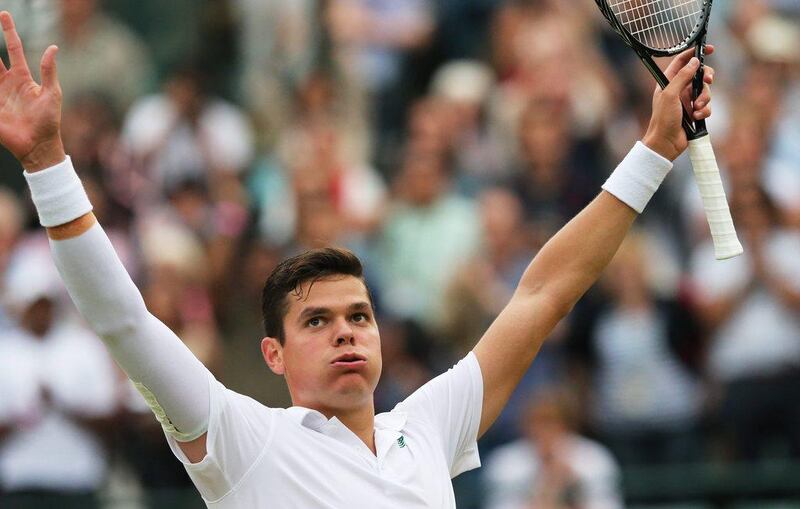Milos Raonic celebrates his victory over Nick Kyrgios in the 2014 Wimbledon quarter-finals on Wednesday. He faces Roger Federer in the semi-finals. Tatyana Zenkovich / EPA