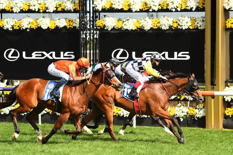 Craig Williams riding Purple Sector wins the Furphy Plate during 2020 Lexus Melbourne Cup Day. Getty Images for the VRC