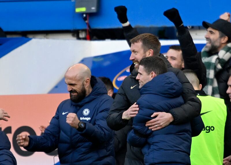 Chelsea manager Graham Potter celebrates after Kai Havertz scores. Reuters