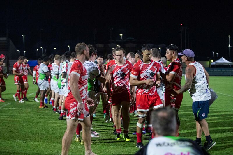 Dubai Tigers players after winning the game against the Abu Dhabi Harlequins.