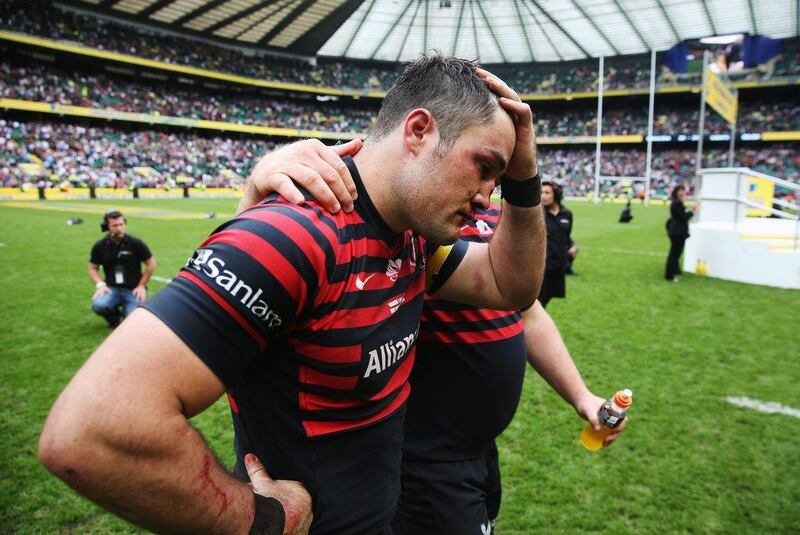Brad Barritt of Saracens reacts after his side lose the Aviva Premiership final to Northampton Saints on Saturday. David Rogers / Getty Images / May 31, 2014