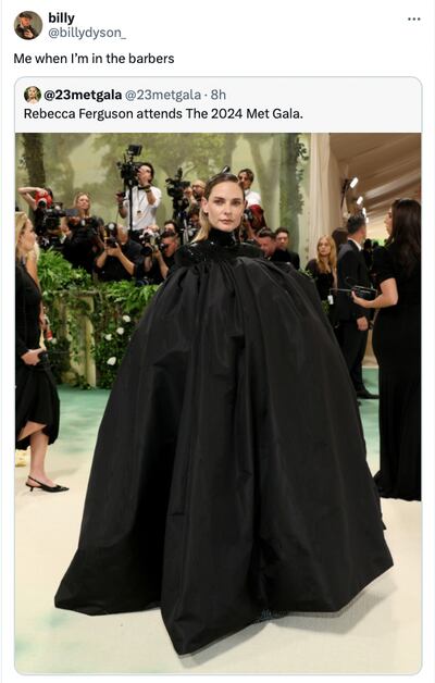 Dune actress Rebecca Fergesson in a full body black gown by Thom Browne at the Meme Met gala 2024. Photo: @billydyson / X