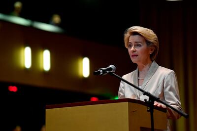 European Commission President Ursula von der Leyen takes the oath of office, on January 13, 2020, at the Court of Justice of the European Union in Luxembourg. / AFP / JOHN THYS
